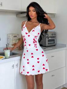 SHEIN Sexy Hot Pink Heart Print Lace Bow Design Slip Dress For Women - White - View 4