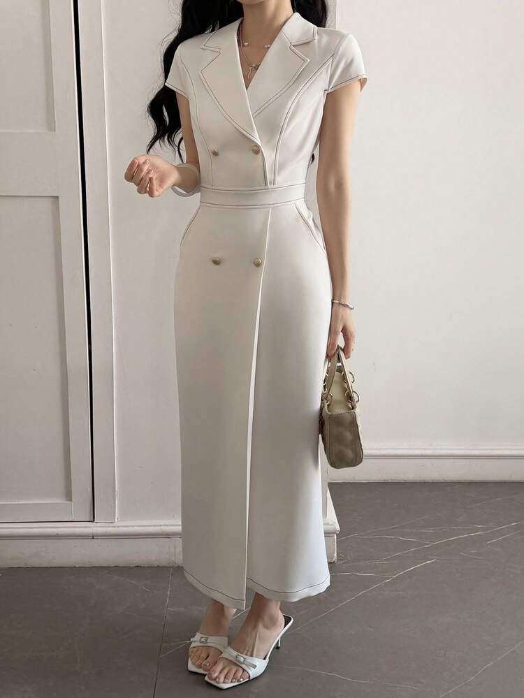 Women's Solid Color Minimalist Collared Short Sleeve Midi Dress