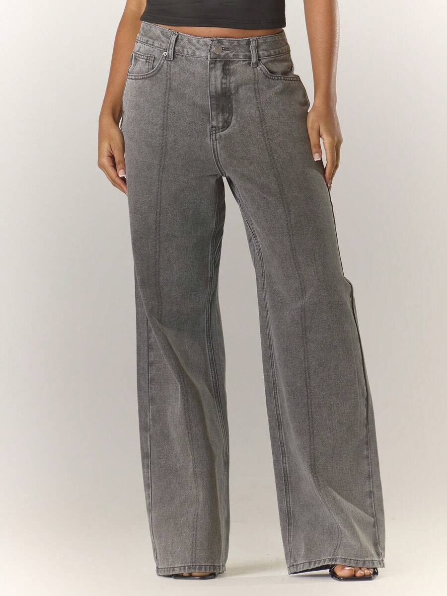 MUSERA 阔腿双缝线前片深色水洗牛仔裤（仅裤子）冬季夜间外出街头风可爱返校性感未剪裁时尚 - 灰色 - 查看 1