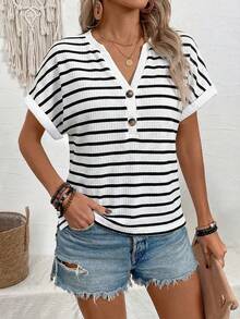 EMERY ROSE Summer Casual Striped Notched Neck Short Sleeve T-Shirt - Multicolor - View 4