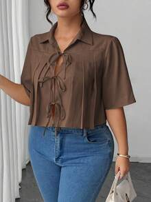 Elenzga 女士褶裥蝴蝶结前短款优雅衬衫 - 咖啡棕 - 查看 6