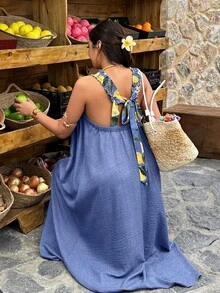 SHEIN LUNE Plus Size Women's Lemon Print Contrast Color Backless Casual Dress, Spring/Summer - Blue - View 7