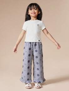 Bộ đồ hai mảnh SUMWON cho bé gái: Áo thun gân tay ngắn in họa tiết kẻ caro hoa văn và quần ống rộng xếp ly, thích hợp cho mùa xuân hè, ngày lễ tình nhân hoặc kỳ nghỉ. - Màu xanh lam - Xem 5