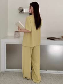 Dazy Plus Plus Size Women Solid Color Short Sleeve Single-Breasted Top And Pants Pajama Set - Yellow - View 2
