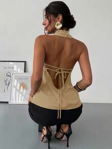 Firerie 春夏新款优雅休闲通勤复古现代不规则领无袖露背蝴蝶结装饰修身黑色通勤衬衫 - 卡其色 - 查看 5