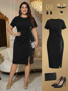Ellevyn Plus Size Contrast Sequin  Dresses - Black - View 1