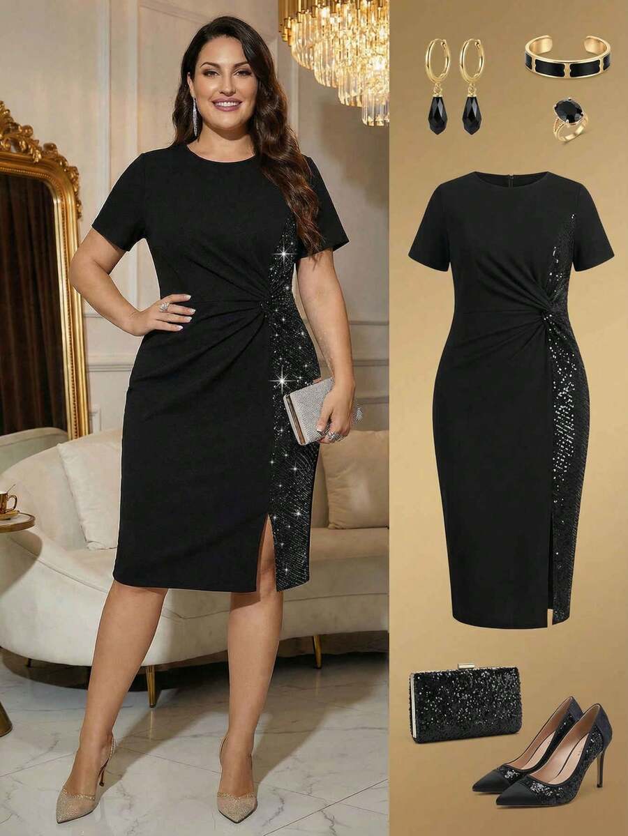 Ellevyn Plus Size Contrast Sequin  Dresses - Black - View 1