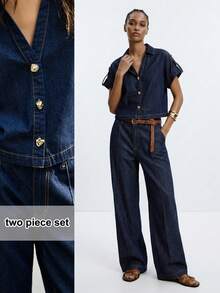 Maija Women's Casual Daily Commute Fashion Street Chic V-Neck Roll Tab Sleeve Loose Denim Shirt And Wide Leg Jeans Set, Spring/Summer/Autumn - Dark Wash - View 2