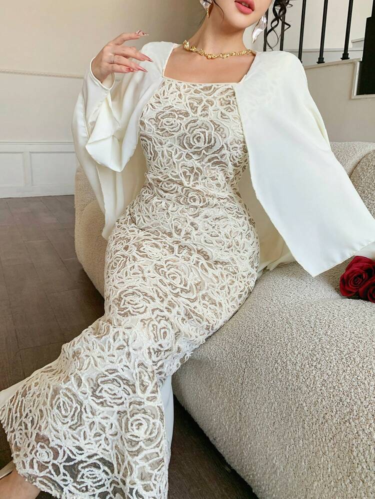 Spring & Summer 2 In 1 Floral Lace Print Elegant Maxi Dress, Suitable For Valentine's Day, Wedding, Party, Formal Occasion, Slim Fit, Sheer Chiffon Overlay Wedding Guest Dress Sundress