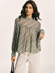 Poéselle 女士时尚休闲几何印花立领衬衫 - 綠色 - 查看 4