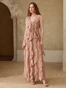 MOTF PREMIUM WOMEN'S ELEGANT LONG RUFFLE TRIM DRESS, SPRING/SUMMER - Khaki - View 5