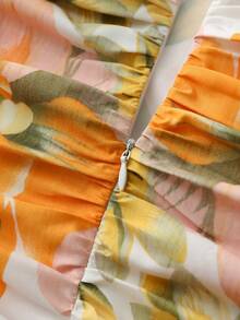 Roelina Deep V-Neck Floral Print Ruched Sleeveless Vacation Dress - Yellow - View 6