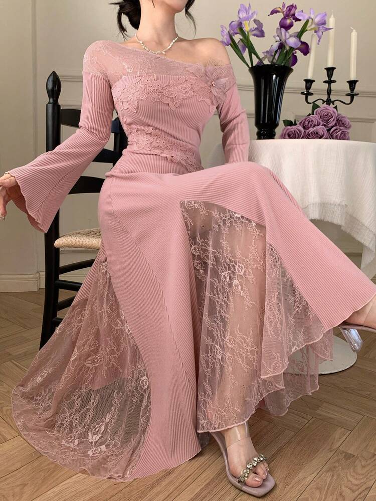 Spring/Summer Lace Patchwork Midi Dress, Elegant For Wedding, Party, Formal Occasions, Commuting, Pink Sundress Off The Shoulder