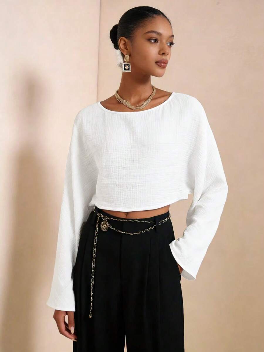 SHEIN Veneréa 女士纯色圆领休闲百搭通勤长袖衬衫 - 白色 - 查看 1