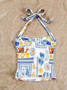 Soleia Plus Size Women's White,Summer,Boho,Vacation,Holiday Knit Hibiscus Print Halter Waist Ruched Fitted Fashion Camisole,Party,Date,Easter,Beach Cruise - Multicolor - View 2