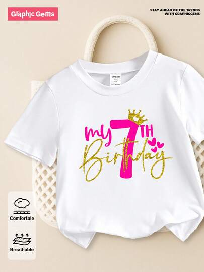 SHEIN GraphicGems 女孩我的 7 岁生日皇冠和心形印花圆领短袖白色 T 恤，可爱日常舒适干净
