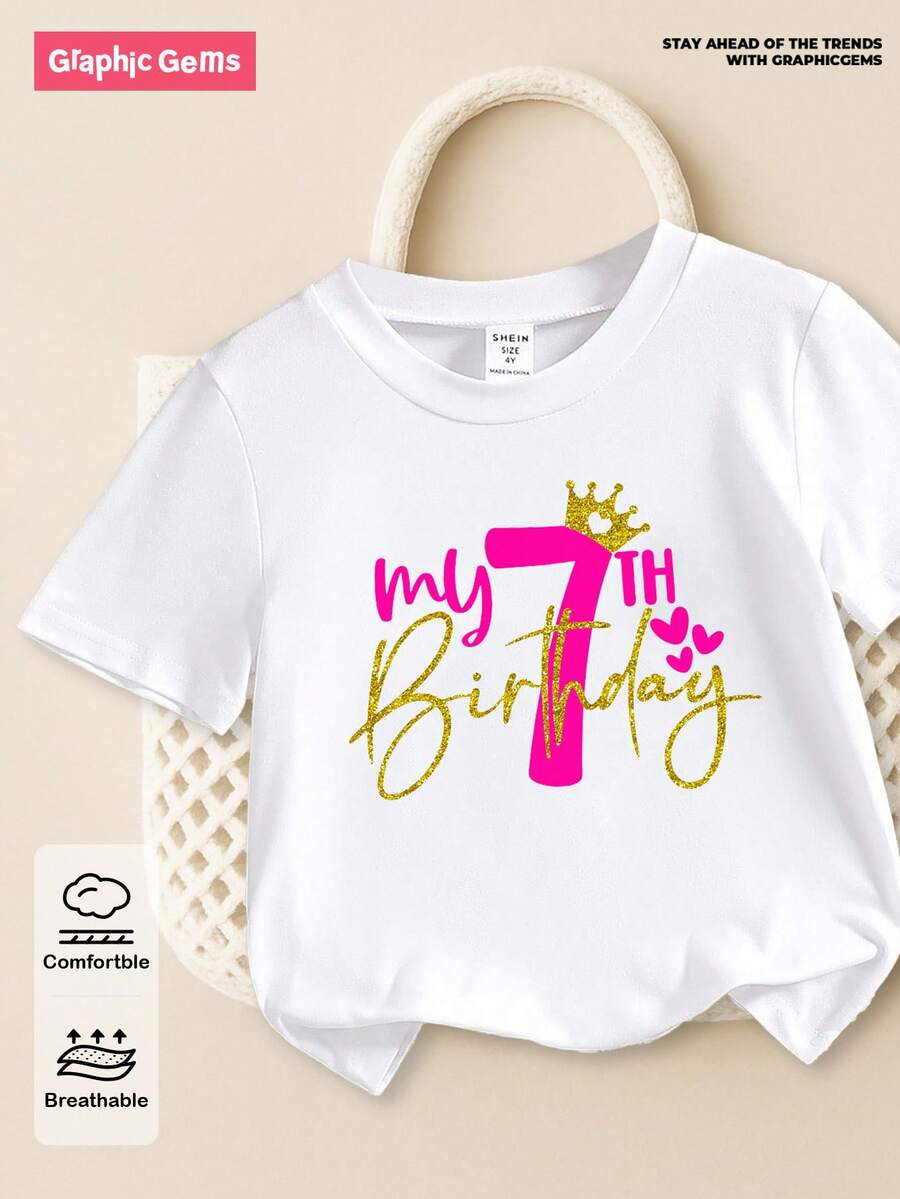 SHEIN GraphicGems 女孩我的 7 岁生日皇冠和心形印花圆领短袖白色 T 恤，可爱日常舒适干净 - 白色 - 查看 1