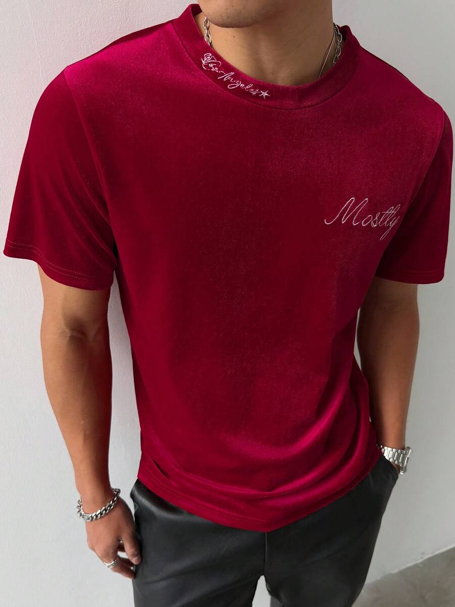 Manfinity Homme Men's Letter Embroidered Casual Round Neck Short Sleeve T-Shirt, Red - Burgundy - View 1
