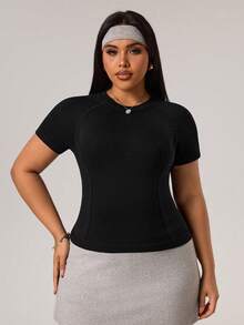Rhythm Era Kaos Olahraga Lengan Pendek Pas Badan Wanita Ukuran Plus Warna Hitam Tanpa Jahitan - Hitam - View 4
