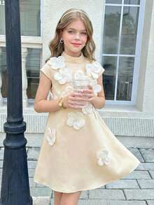 SHEIN Tween Girl Elegant Beige Summer Wedding Guest Dress, Cute 3D Floral Decor A-Line Short Sleeve Solid Color Tween Girl Dress For Back To School, Champagne - Apricot - View 4