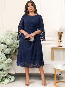 Reflora 大码女式圆领提花腰部褶皱优雅连衣裙 - 藏蓝色 - 查看 4