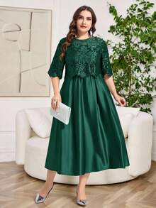 Reflora Vestido elegante de encaje de unicolor con cuello redondo y manga corta para tallas grandes - Verde - View 6