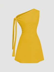 Celisse Women's Asymmetric Tie-Up Waist Short Dress - Yellow - View 3