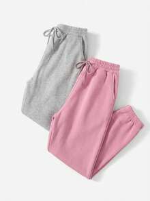 2 Pcs Elastic Waist Drawstring Sweatpants With Slanted Pockets - Multicolor - View 6