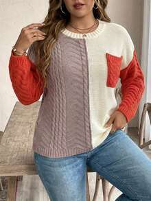 SHEIN LUNE Plus Size Colorblock Crew Neck Long Sleeve Pocket Casual Knit Sweater For Women,Beige,Autumn,Smart Casual,Festa Winter Knitwear Jumper Pullover - Multicolor - View 6