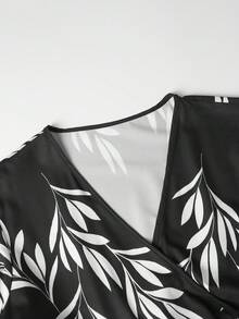 Rometta Plus Size Elegant Leaf Print Waist Cinched Dress, Summer Black And White Leaf Print Dress Black And White Floral Dress Vintage Style Dress Black And White Dress Women - Black - View 3