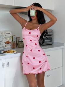 SHEIN Heart Striped Print Women's Camisole Nightgown - Pink - View 3