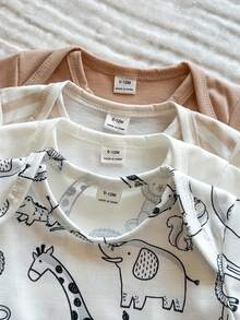 SHEIN Vintaside Kids 4pcs/Set Baby Boy/Girl Cute Knitted Elastic Striped Short Sleeve Rompers, Basic Bodysuits, Spring/Summer - Multicolor - View 5