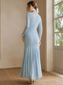 Anewsta 优雅春季女士长袖蕾丝连衣裙，褶皱鱼尾裙，长袖，圆领，新年、圣诞节、情人节 - 藍色 - 查看 7