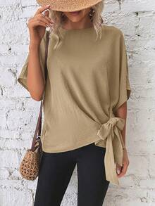 Flexra 女士纯色简约短袖衬衫，休闲日常穿着 - 卡其色 - 查看 5