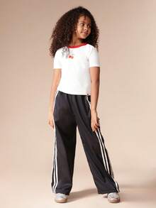 SUMWON Cherry Embroidered Ribbed Short Sleeve Crew Neck Ringer Tee With Contrast Red Trim Summer Casual Top Vacation - White - View 4