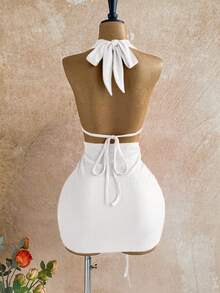 Soleia Women's Solid Color Plunging Neck Metal Decor Sexy Halter Mini Dress, Vacation - White - View 2