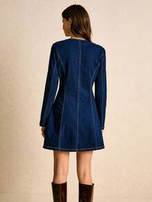 Poéselle New Vintage Stylish Button Waist Denim Dress, Long Sleeve Dress, Winter Dress For Women - Dark Wash - View 2