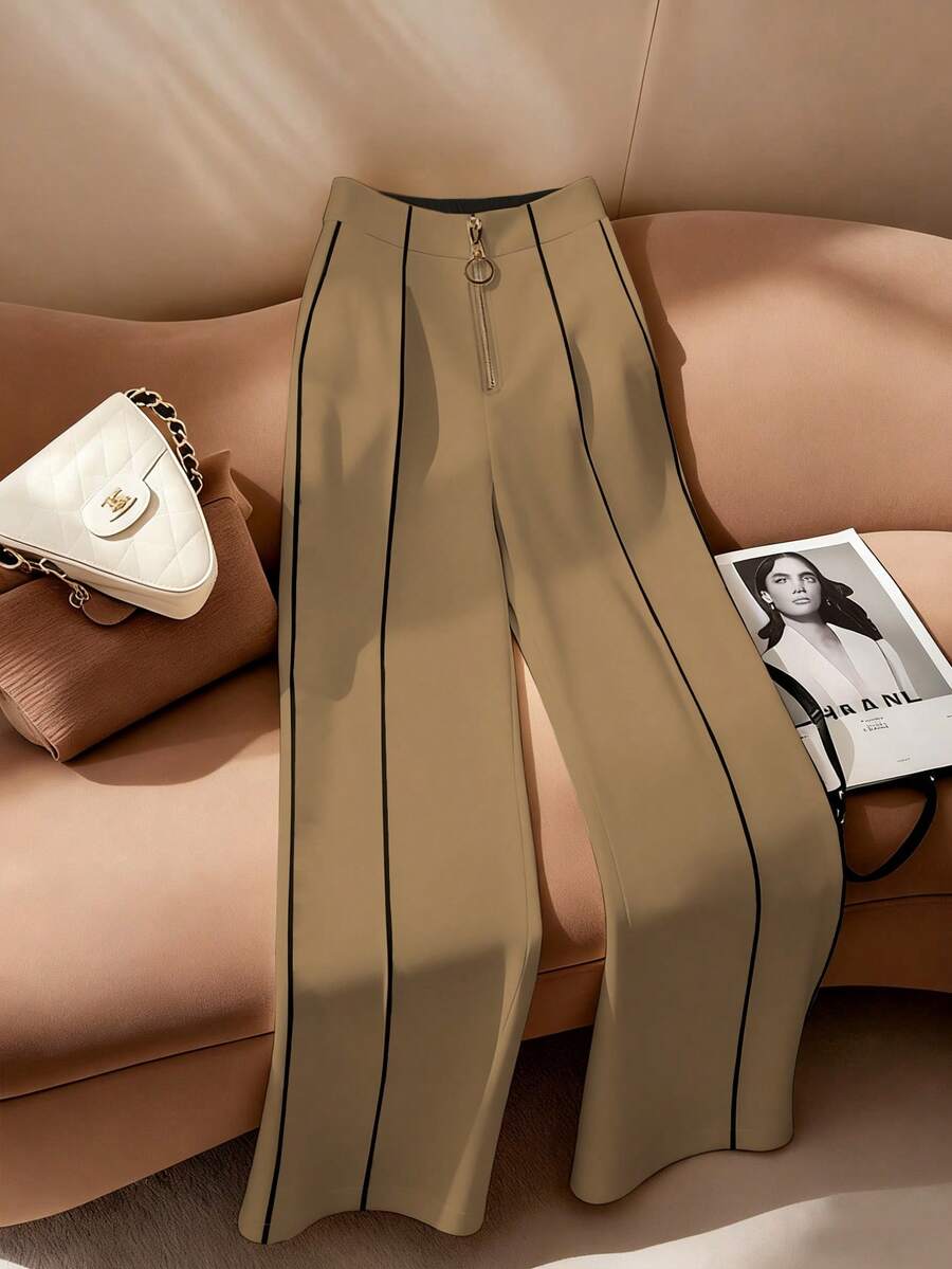 Franclia 女士纯色杏色撞色条纹装饰宽松阔腿裤，休闲日常百搭，通勤舒适，法式优雅，春秋季夏季 - 卡其色 - 查看 1