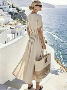 SHEIN Holidaya 女士连衣裙，圆领，纽扣前襟设计，松紧腰身，A字廓形，梭织面料，适合日常穿着和度假。女士度假连衣裙，休闲长裙，希腊度假装扮，女士度假连衣裙，长裙，夏季女士短袖连衣裙，女士短袖夏季连衣裙，女士亚麻套装，女士职业装，Zanzea 女士连衣裙，女士职业装，女士夏季连衣裙，女士休闲连衣裙，夏季女士休闲连衣裙，女士度假连衣裙 - 卡其色 - 查看 3