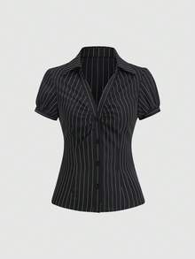 Sweetra Petite 复古美式条纹 Polo 领短袖修身时尚百搭夏季女式衬衫 - 黑色 - 查看 3