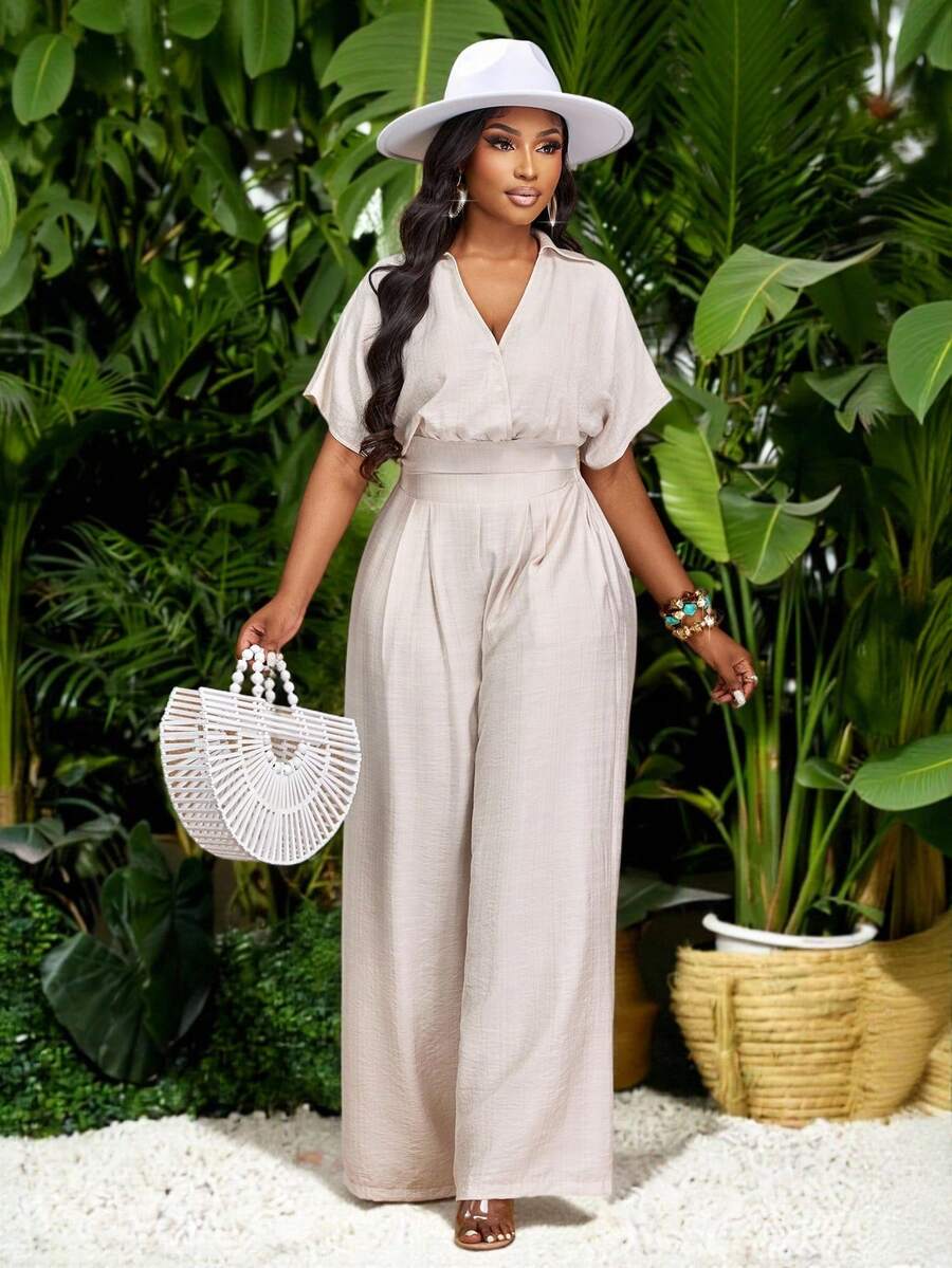 Brilight Women's Summer Sexy And Elegant Linen Two-Piece Set, South African Style Clothing, Suitable For Parties And Dates. V-Neck, Slim Fit Design, Leisure Vacation Y2K Party Style, Retro Fashion And Minimalist Style. New Product Launch. Multi-Purpose. Slim Fit Design. Suitable For Halloween Activities, Women's Beachwear, Women's Leisure Suits - Apricot - View 1