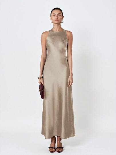 Aveloria Modichic Minimalist Elegant Asymmetric Hem Double-Sided Satin-Like Acetate Fabric A-Line Sleeveless Dress For Women