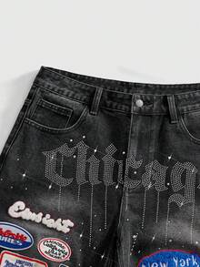 ROMWE MEN Quần short denim nam kiểu dáng thường ngày, có túi xéo và đính đá chữ. - màu đen - Xem 3