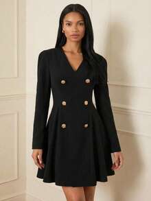 Lilora 优雅高端法式V领修身A字双排扣金属纽扣装饰长袖连衣裙，适合工作、约会和派对等场合。 - 黑色 - 查看 3