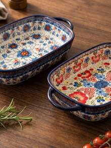 Rectangular Ceramic Baking Dish - Handcrafted With Floral Pattern & Dual Handles, Oven-To-Table Dish For Roasting & Serving (730ml) - Multicolor - View 5