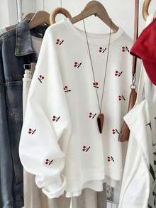 Resyla Women's Outdoor Pullover Sweatshirt, Autumn/Winter, Back To School, Teacher's Day, Outdoor, Cherry Pattern Design Print, Long Sleeve Crew Neck, Street Photography, Holiday & Everyday Wear, Must-Have, Eye-Catching, White, Women's Regular Crew Neck Sweatshirt - White - View 1