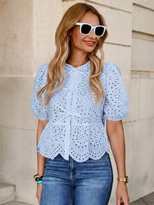 Solivie 女士前系带泡泡袖可爱刺绣度假优雅上衣，情人节服装 - 淺藍色 - 查看 6