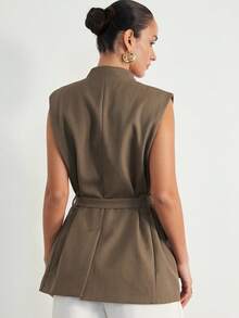 Aveloria Modichic Oversized Sleeveless Vest, Retro Vintage Style, Commuter Loose Fit, High-End Elegant Waist Cinched Blazer Vest, Women Top - Coffee Brown - View 6
