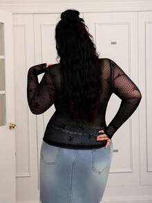 CovetEZ Blusa de manga larga con cuello redondo, estampado de lunares transparente y sexy para mujer de talla grande - Negro - Ver 2