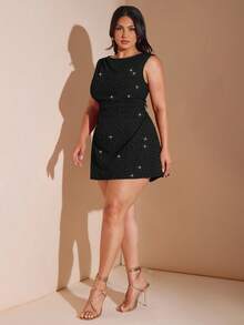 SHEIN BAE Đầm ngắn xếp ly cỡ lớn đính đá lấp lánh dành cho nữ, kiểu dáng thanh lịch, thích hợp cho kỳ nghỉ biển mùa xuân/hè, ngày Valentine, trang phục Valentine cho nữ. - màu đen - Xem 5